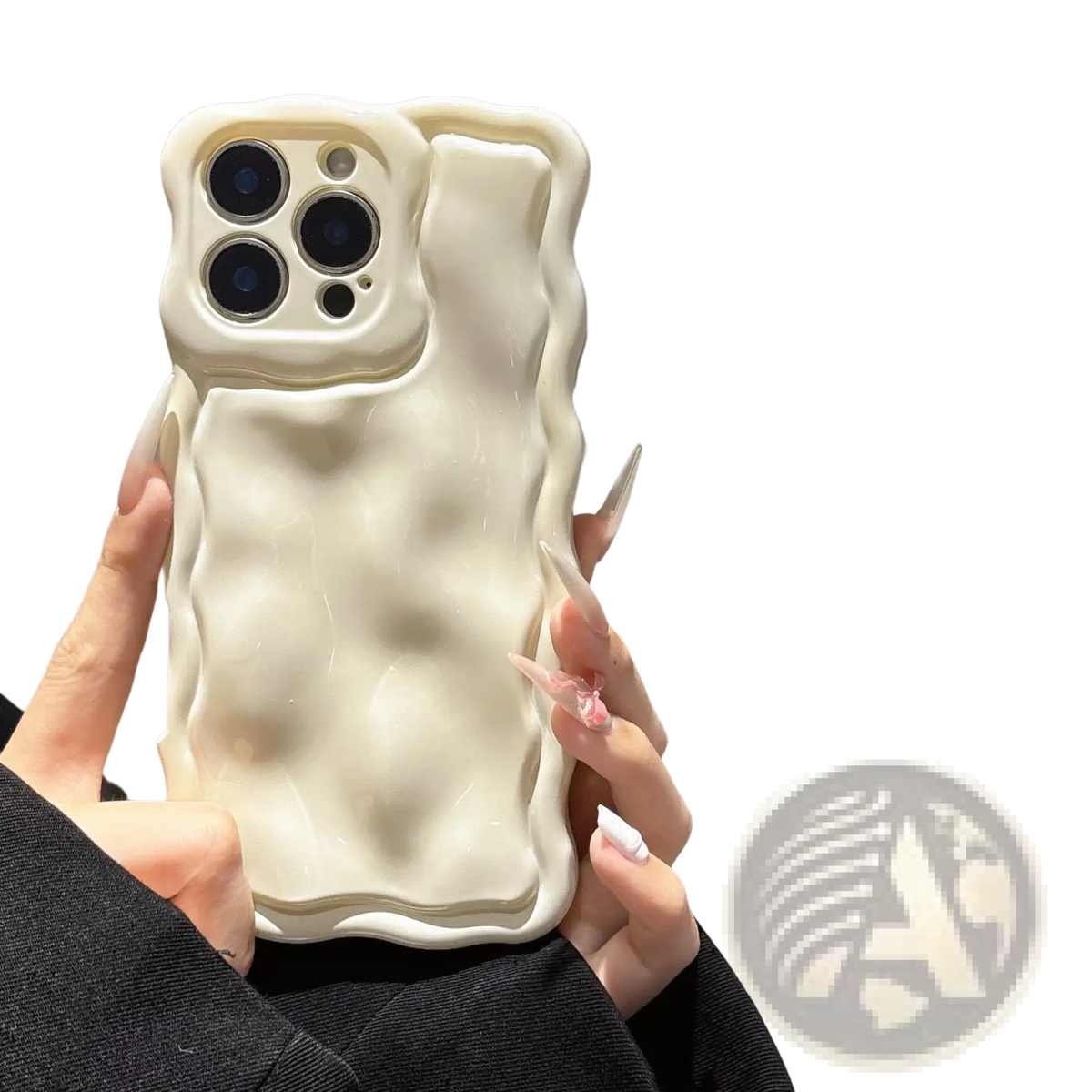 Cream-colored liquid wave silicone iphone case showing the back side with textured wavy surface and raised bumps