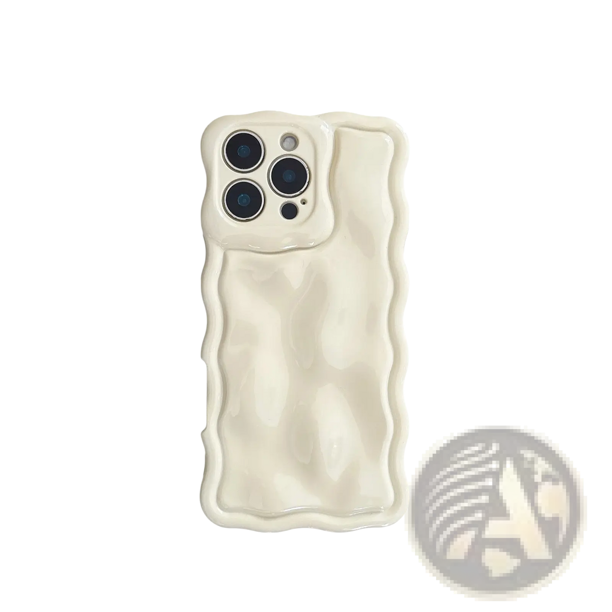 Back side of a cream-colored liquid wave silicone iPhone case with wavy edges and a glossy sculpted texture