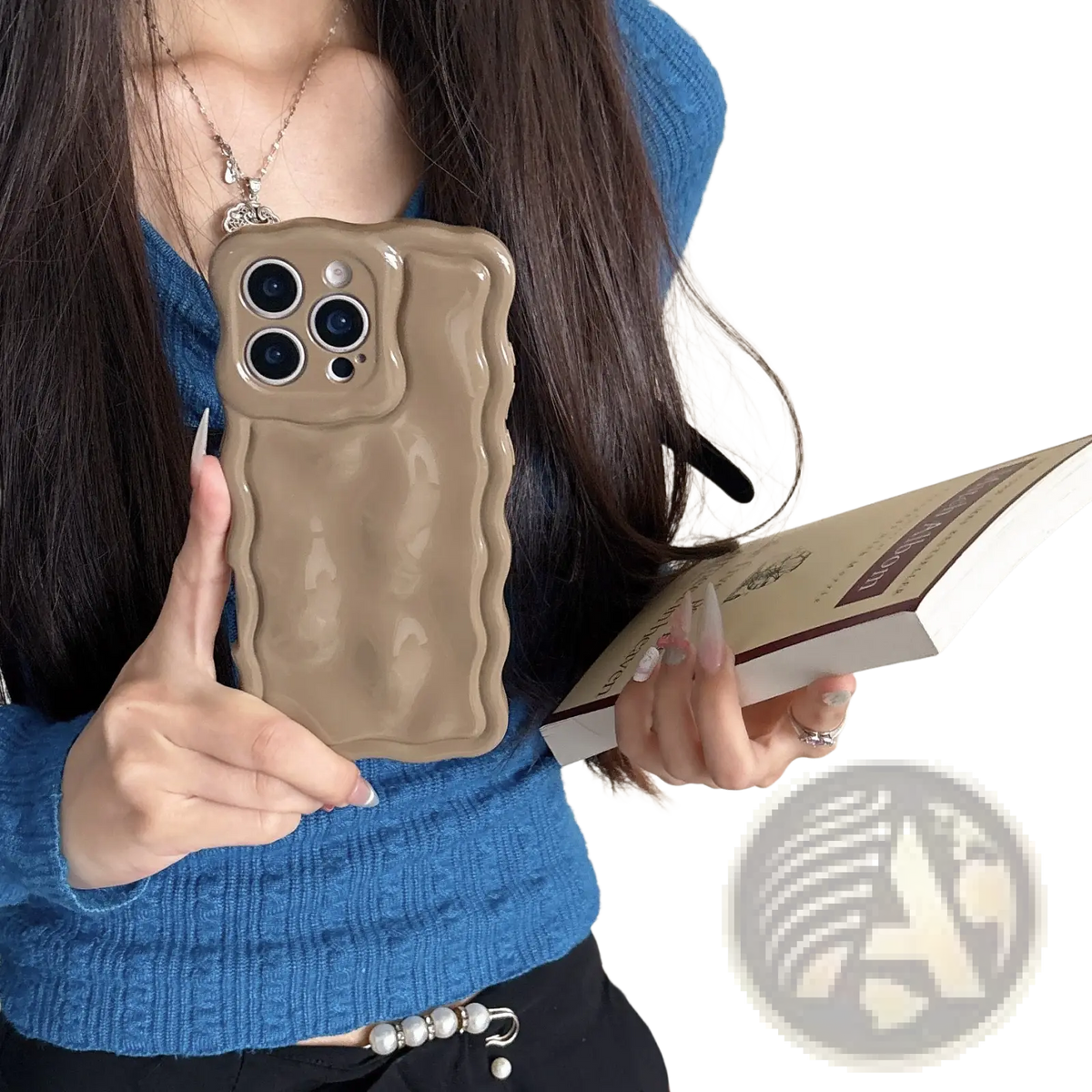 Glossy beige liquid wave silicone iphone case back with wavy textured surface and raised camera cutout