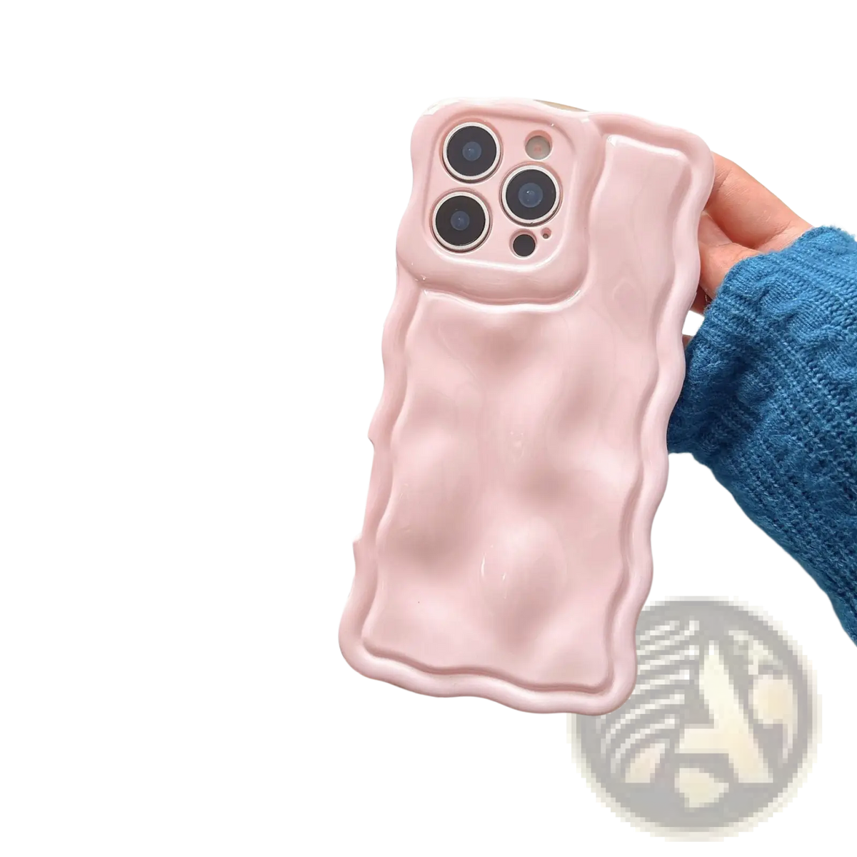 A soft pink liquid wave silicone iphone case with wavy texture and glossy finish shown from the back side