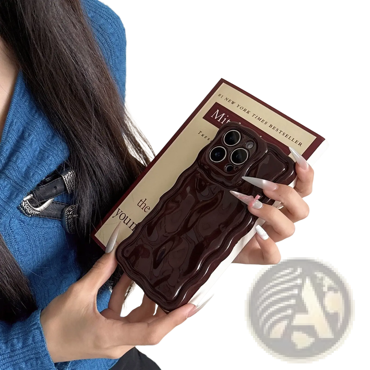 Back side of a glossy dark brown liquid wave silicone iPhone case with a wavy sculpted design
