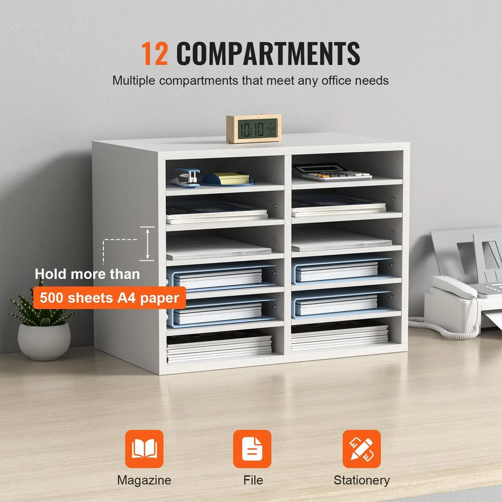 White plastic literature organizer with 12 compartments holds over 500 sheets of a4 paper for office use