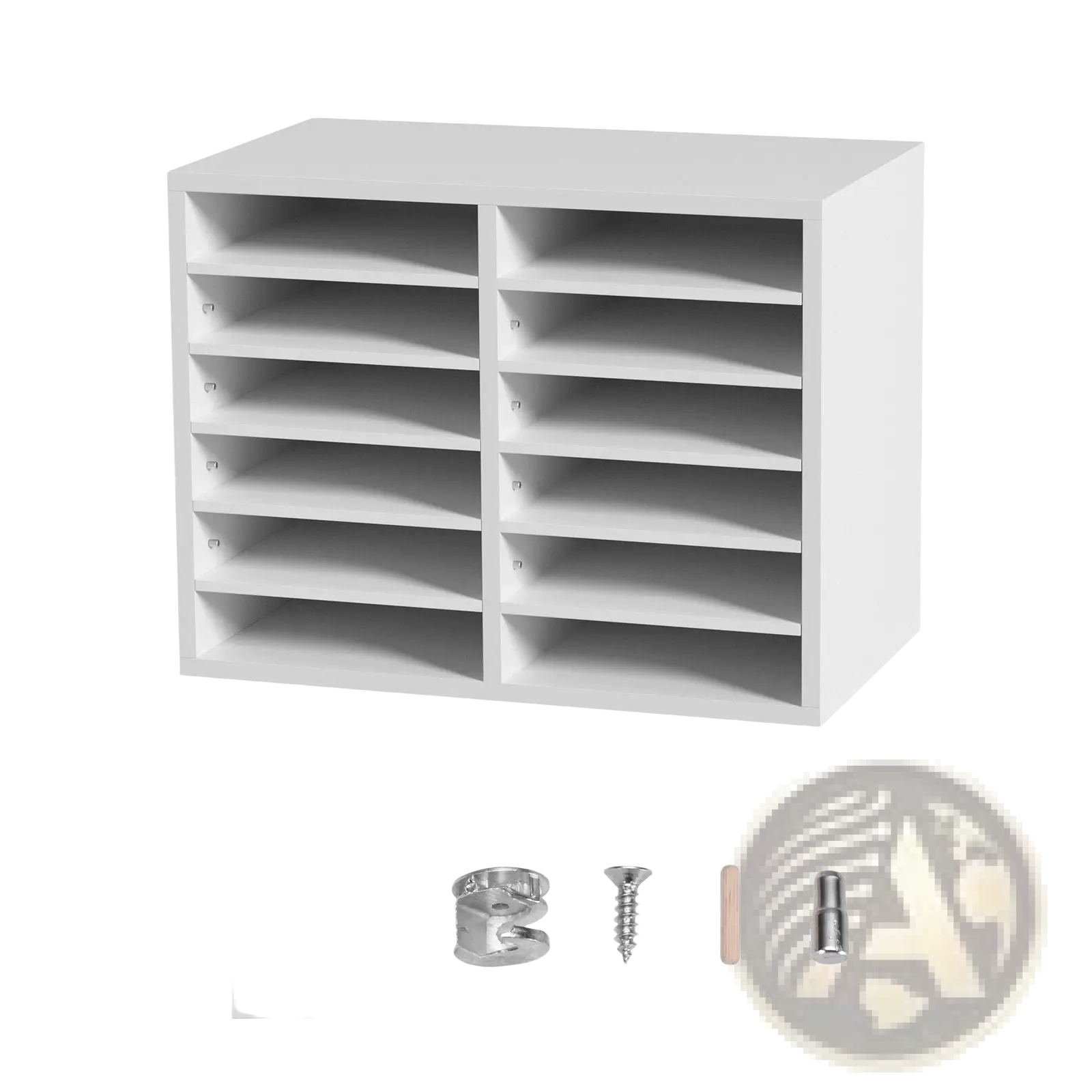 White rectangular wood literature organizer with ten nail-mounted compartments for mail sorting on wall