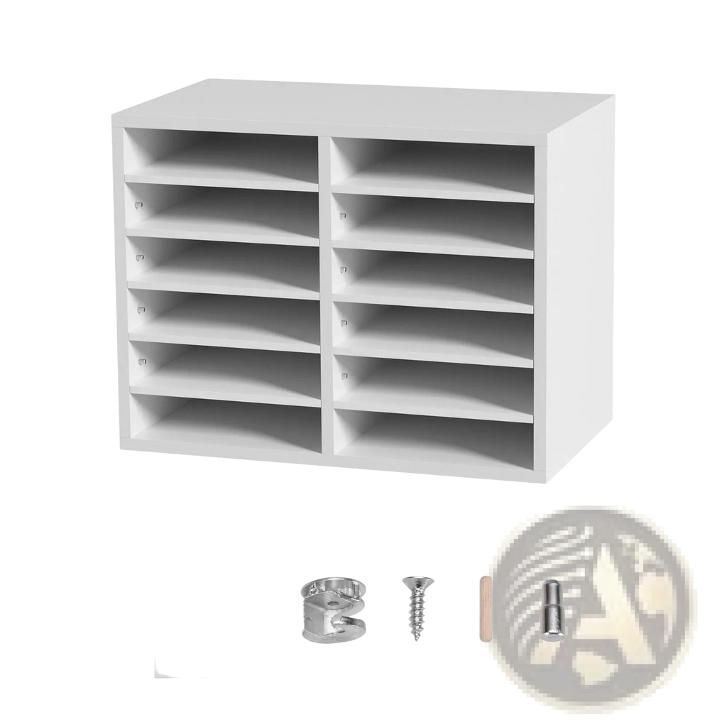White rectangular wood literature organizer with ten nail-mounted compartments for mail sorting on wall