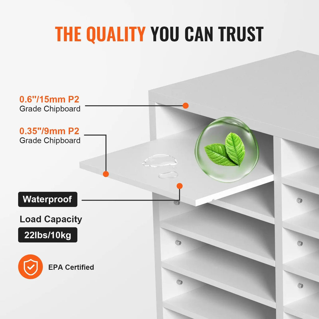 White chipboard literature organizer with 12 compartments waterproof shelves and epa certification for mail sorting