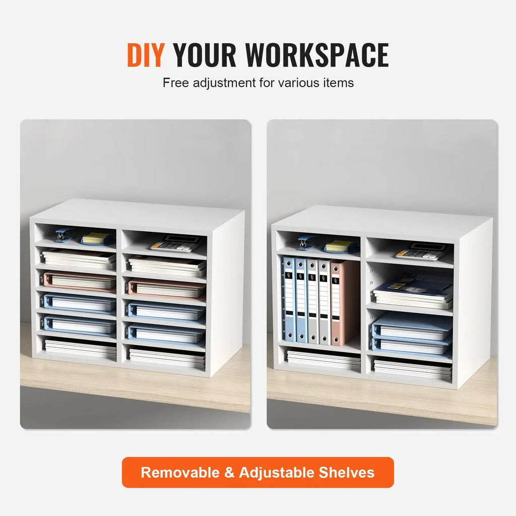 White multi-tiered wood literature organizer with 12 compartments and adjustable shelves for binders and papers