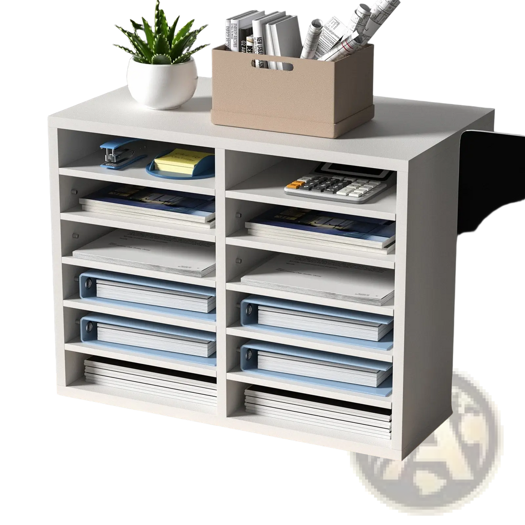 White minimalist wood literature organizer with 12 compartments holding binders and documents for office use