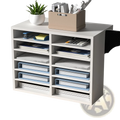 White minimalist wood literature organizer with 12 compartments holding binders and documents for office use