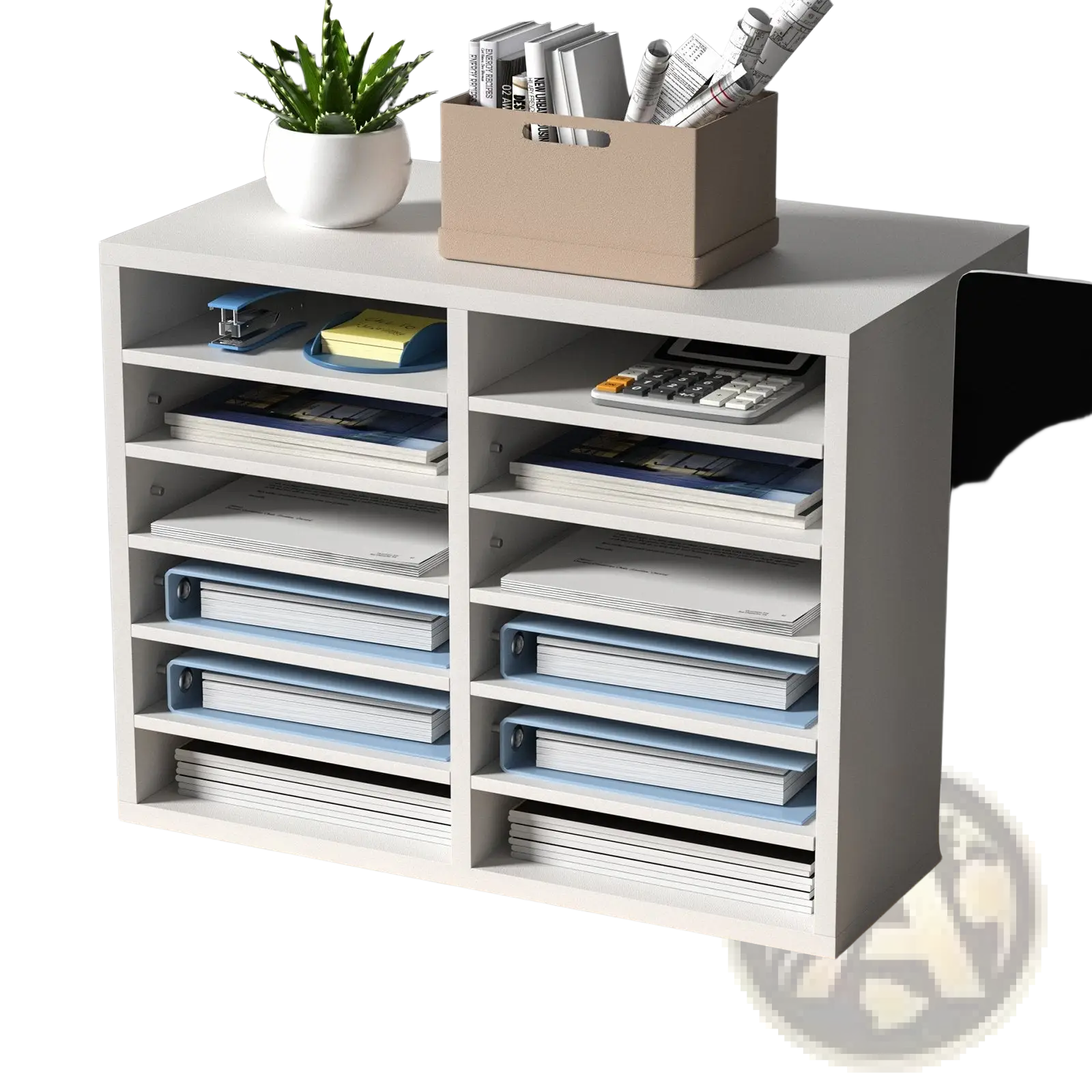 White minimalist wood literature organizer with 12 compartments holding binders and documents for office use