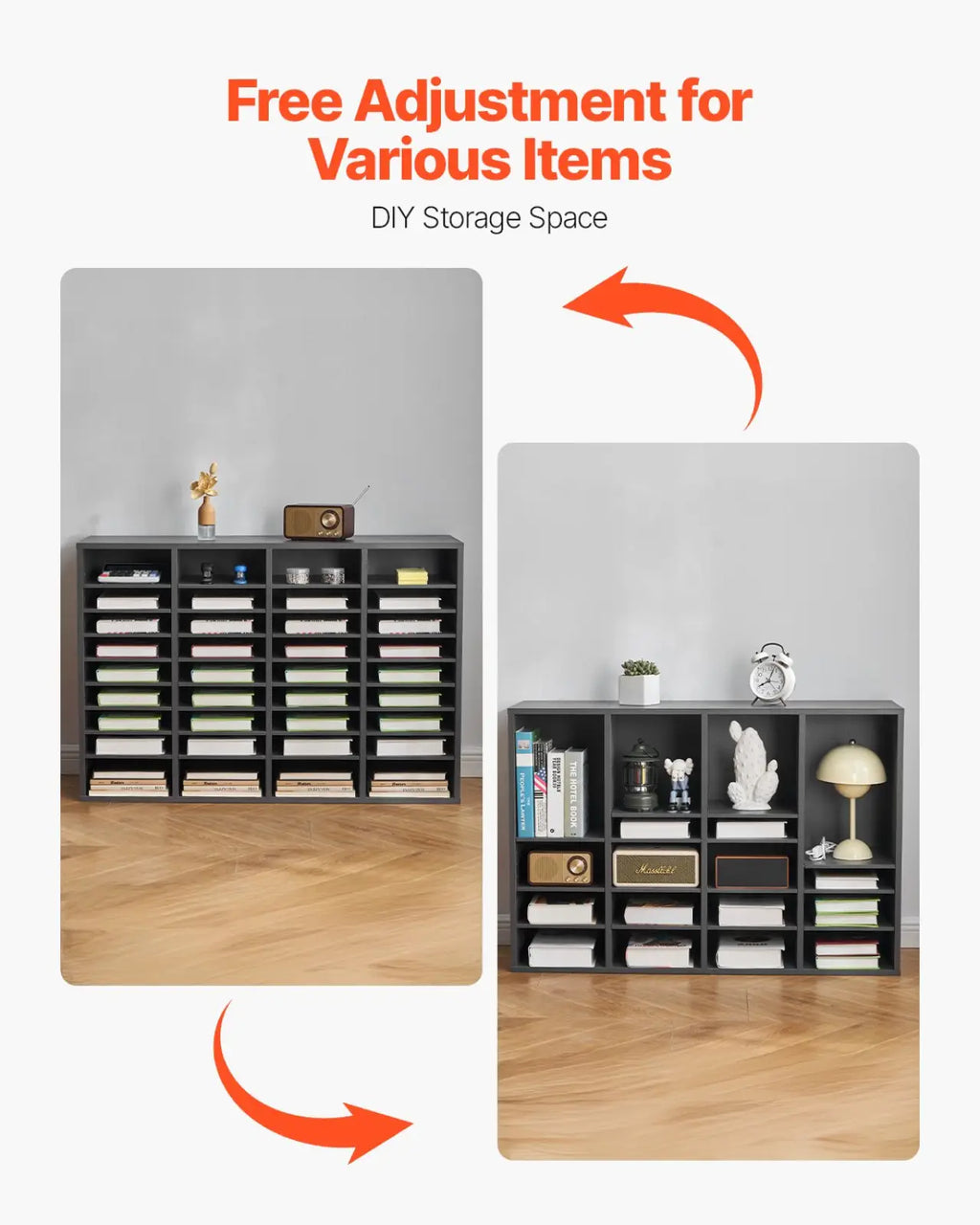 Black modular storage cube shelf with adjustable compartments for diy organization in grey wood literature organizer