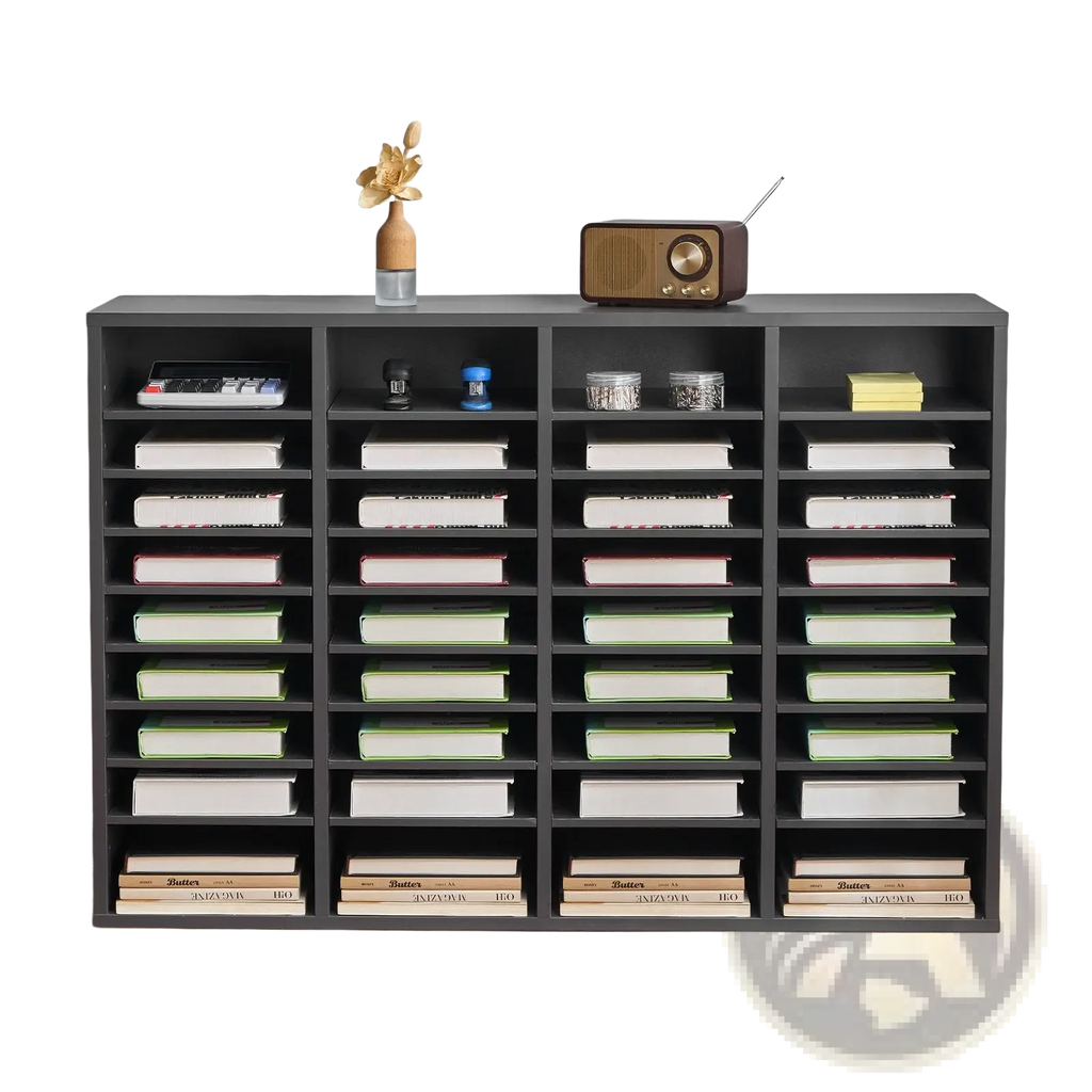 Black multi-compartment literature organizer with 36 grey wood compartments for books and decorative items display