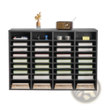 Black multi-compartment literature organizer with 36 grey wood compartments for books and decorative items display