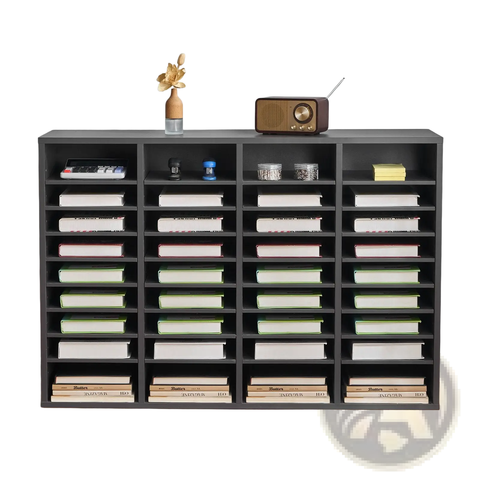 Black multi-compartment literature organizer with 36 grey wood compartments for books and decorative items display