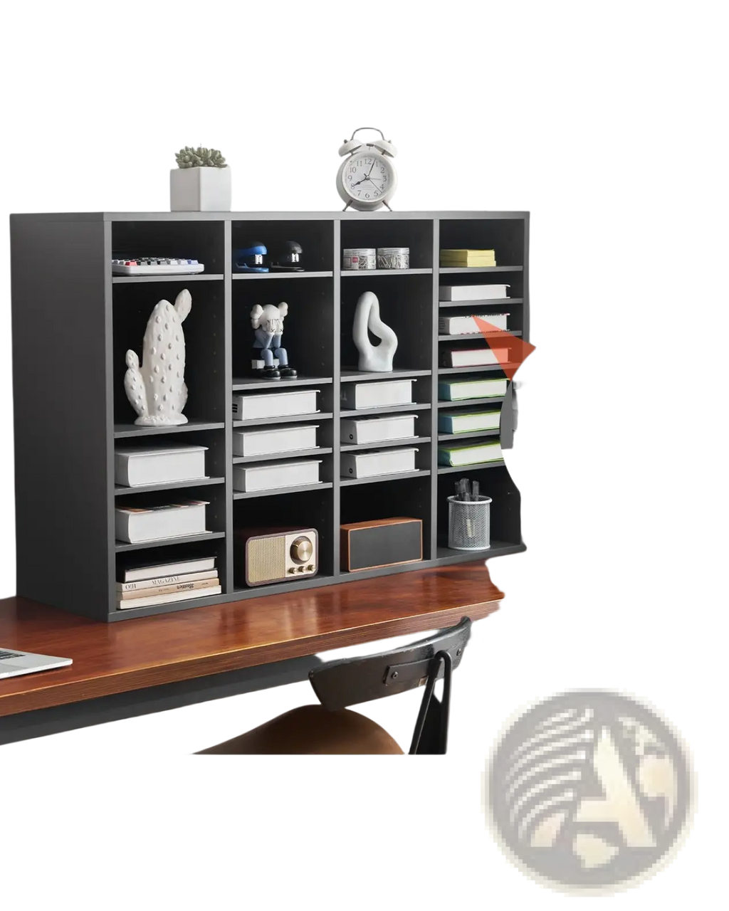 Black literature organizer 36 compartment grey wood mail sorter with 36 slots holding up to 500 sheets per slot