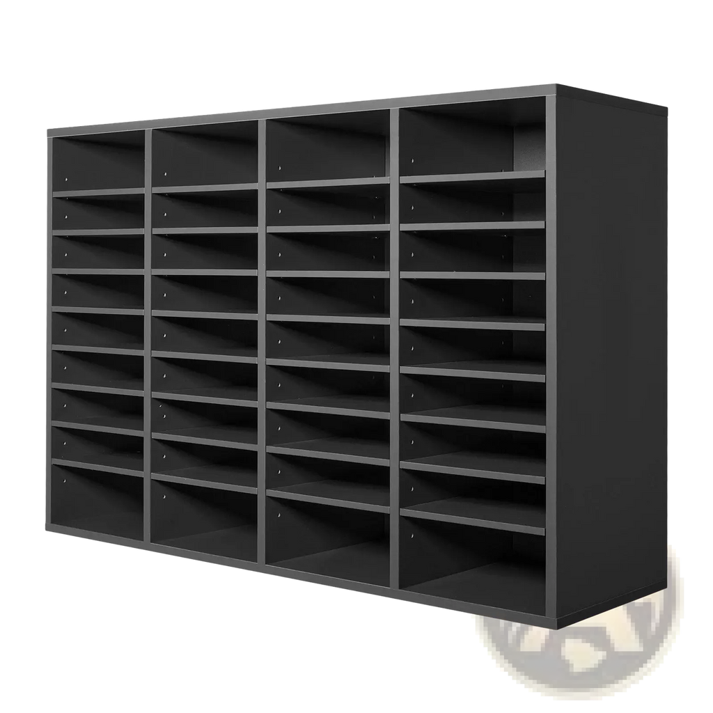 Black metal literature organizer with 36 grey wood compartments for efficient mail sorting and storage