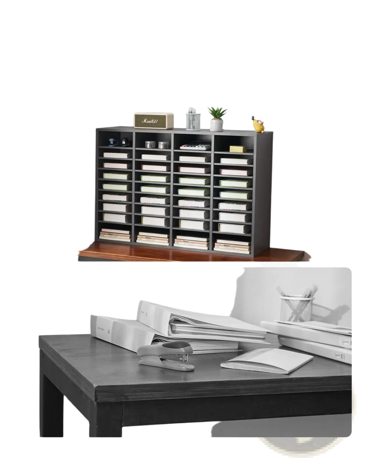 Dark gray wood literature organizer with 36 shallow drawers for neatly storing papers and documents