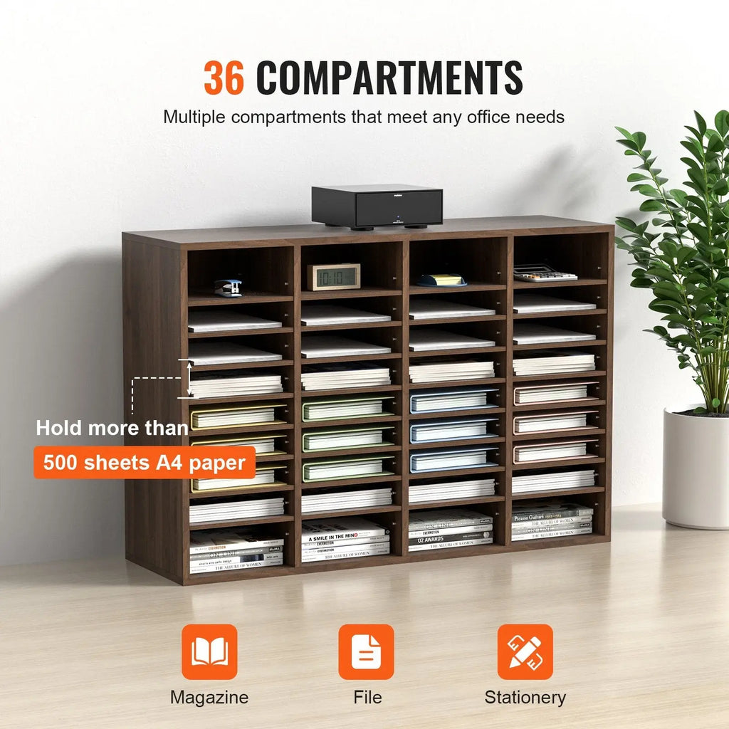 Brown wooden literature organizer with 36 compartments designed to hold over 500 sheets of A4 paper for office use