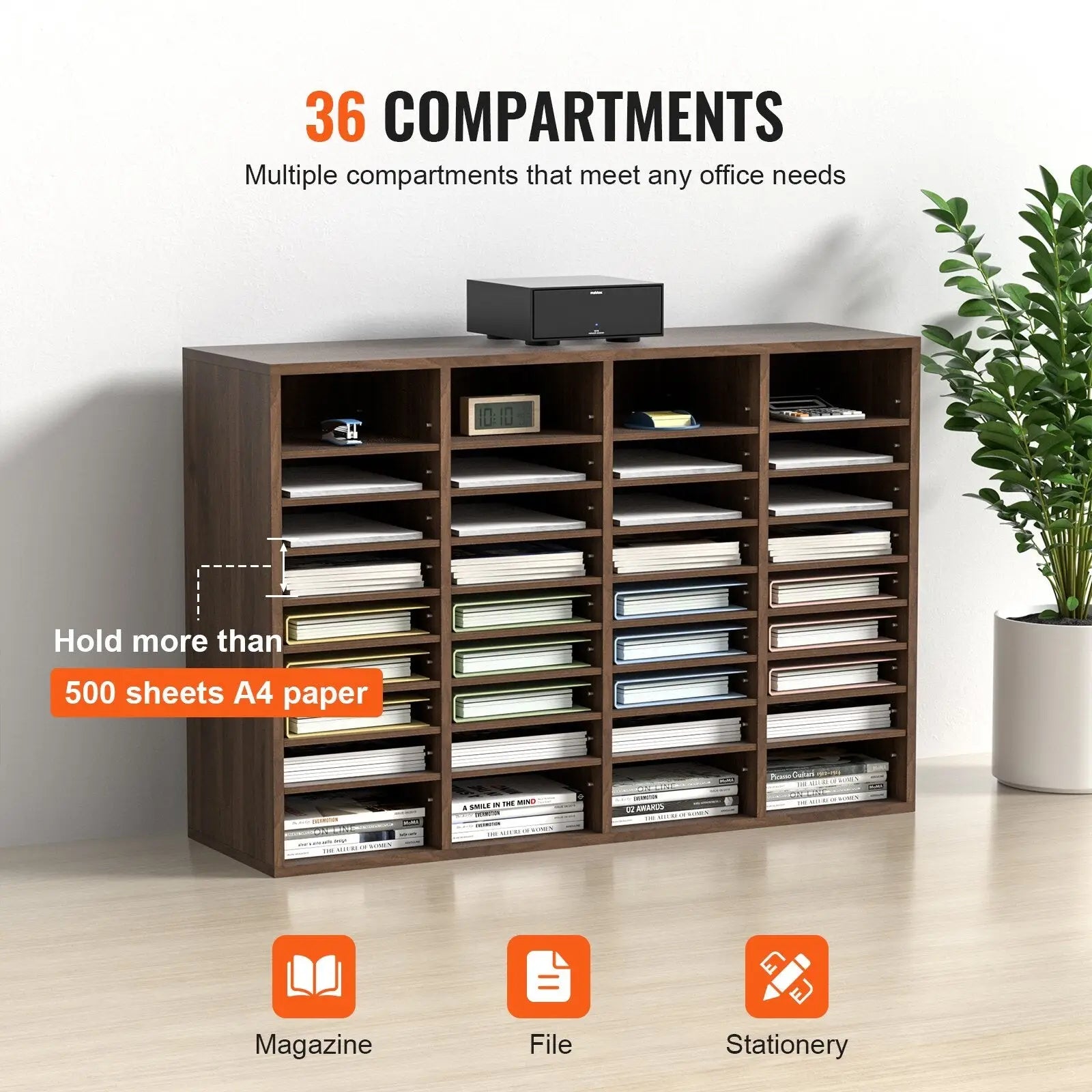 Brown wooden literature organizer with 36 compartments designed to hold over 500 sheets of A4 paper for office use