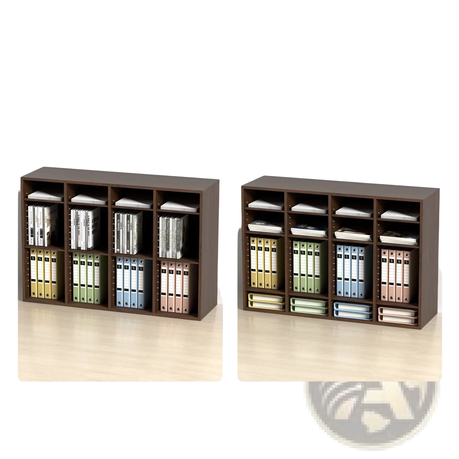 Brown wood literature organizer with 36 adjustable compartments for sorting binders and files in various colors