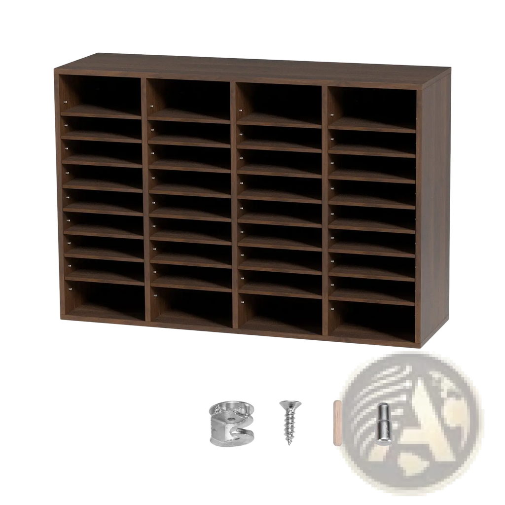 Brown wooden literature organizer with 36 compartments and metal fasteners for mail sorting and document storage