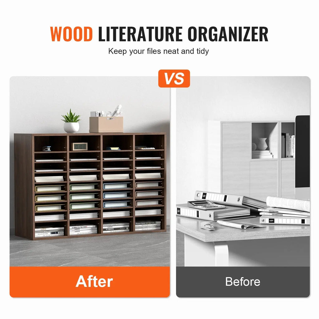 Dark brown wooden literature organizer with 36 shallow compartments for neatly storing files and documents