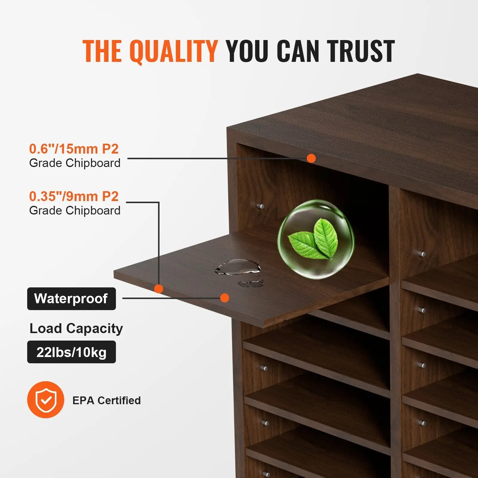 Dark brown wooden literature organizer with 36 compartments and a pull-out shelf for mail sorting and storage