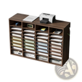 Brown wooden literature organizer with 36 compartments holding papers and magazines for mail sorting and storage