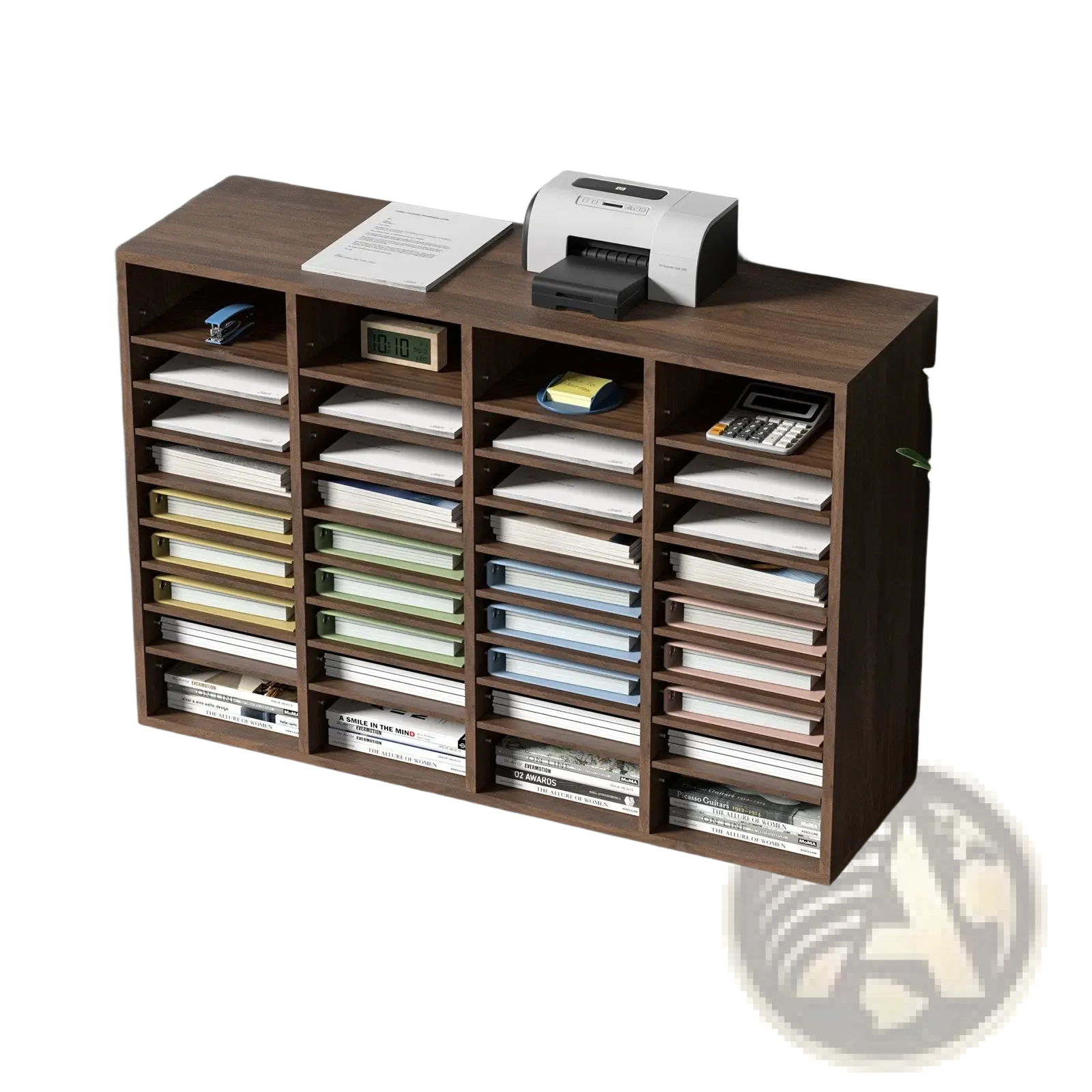 Brown wooden literature organizer with 36 compartments holding papers and magazines for mail sorting and storage