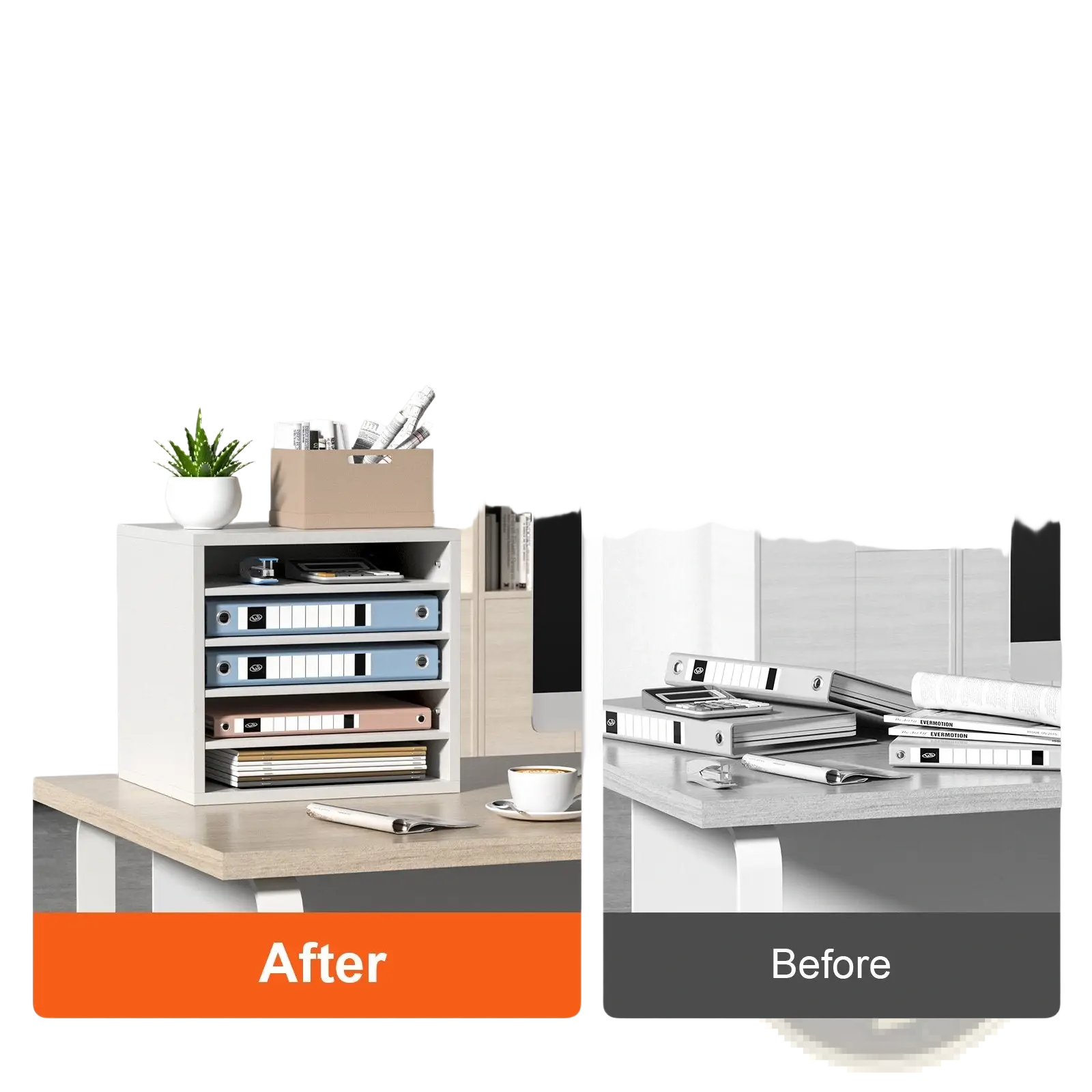 White wooden literature organizer with five compartments for neatly storing binders and files in office or home