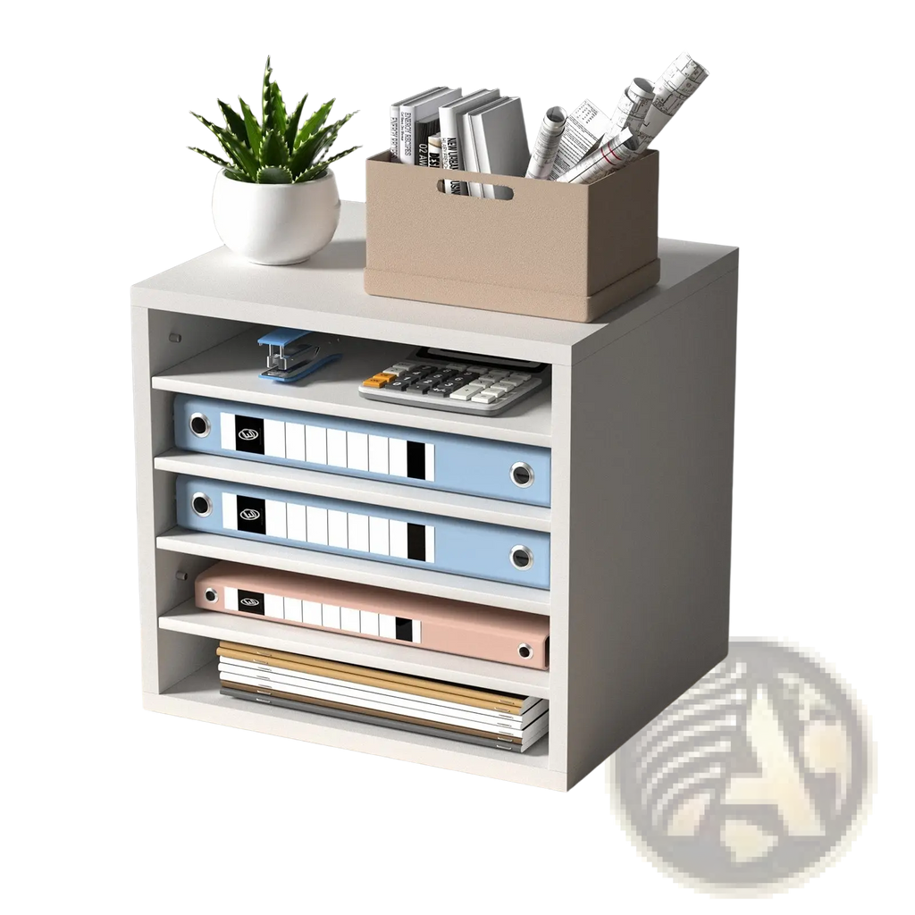 White wood literature organizer with five compartments holding binders calculator stapler and papers on modular shelves