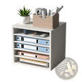 White wood literature organizer with five compartments holding binders calculator stapler and papers on modular shelves