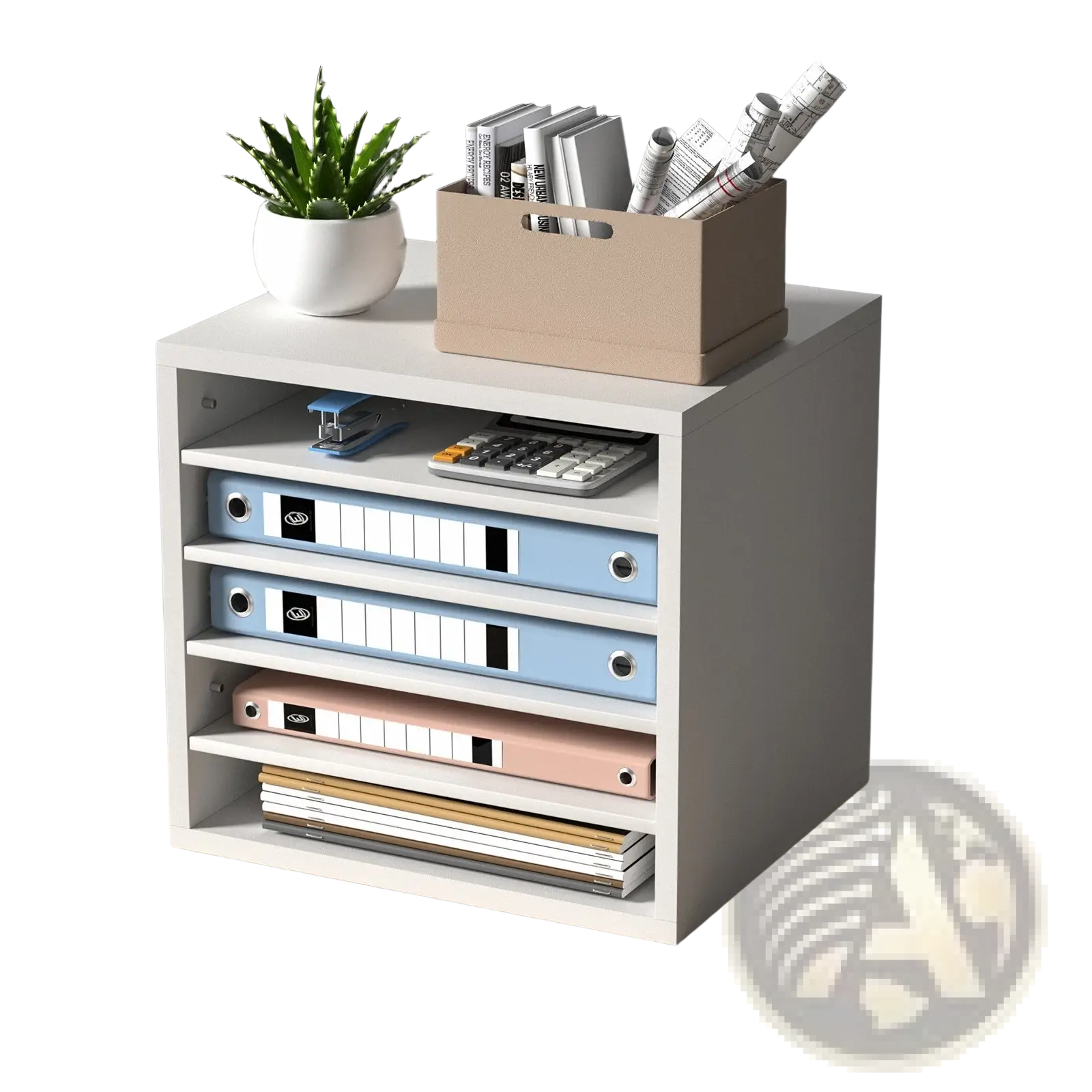 White wood literature organizer with five compartments holding binders calculator stapler and papers on modular shelves