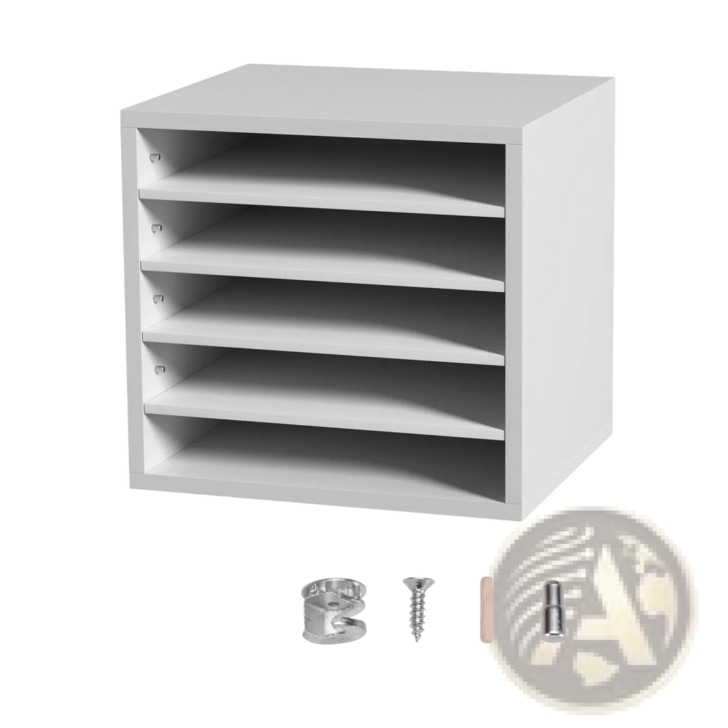 White wooden literature organizer with five shallow evenly spaced shelves for sorting mail and documents