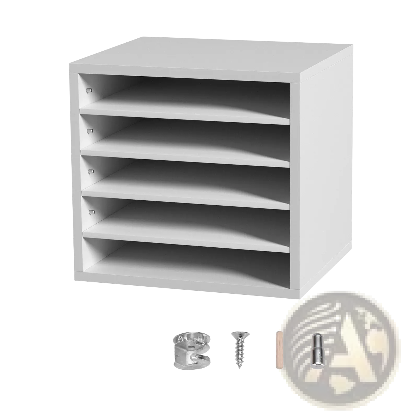 White wooden literature organizer with five shallow evenly spaced shelves for sorting mail and documents