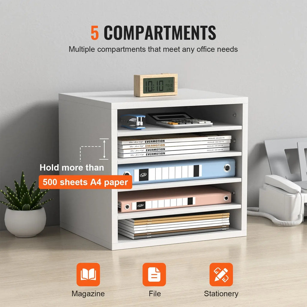 White plastic literature organizer with five compartments designed for magazines files and stationery use