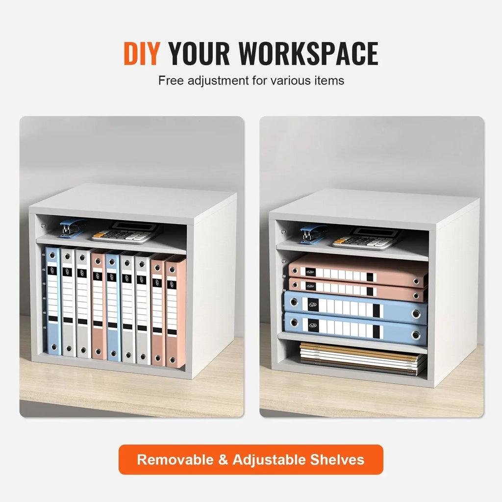 White cube-shaped wood literature organizer with five compartments and removable adjustable shelves for mail sorting