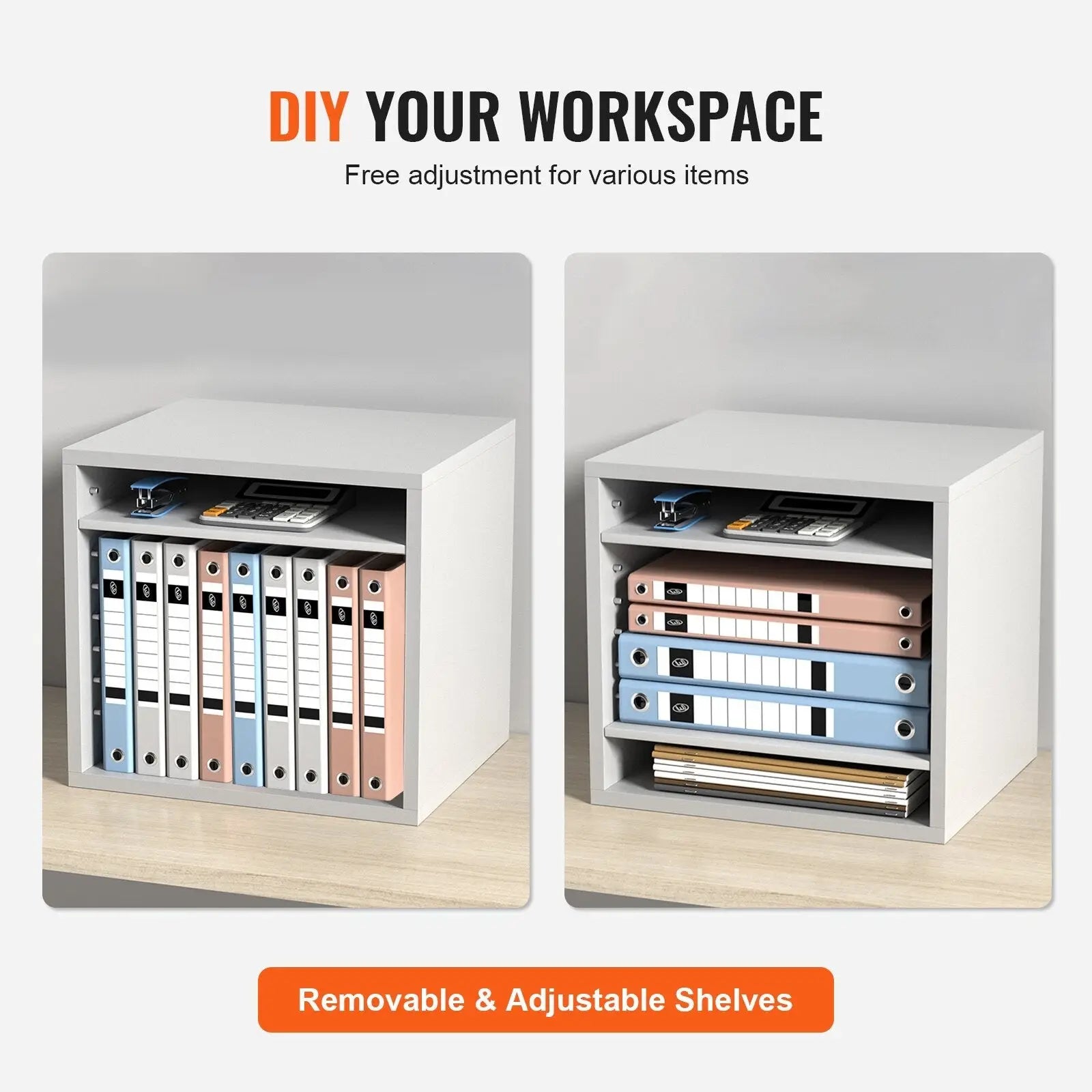 White cube-shaped wood literature organizer with five compartments and removable adjustable shelves for mail sorting