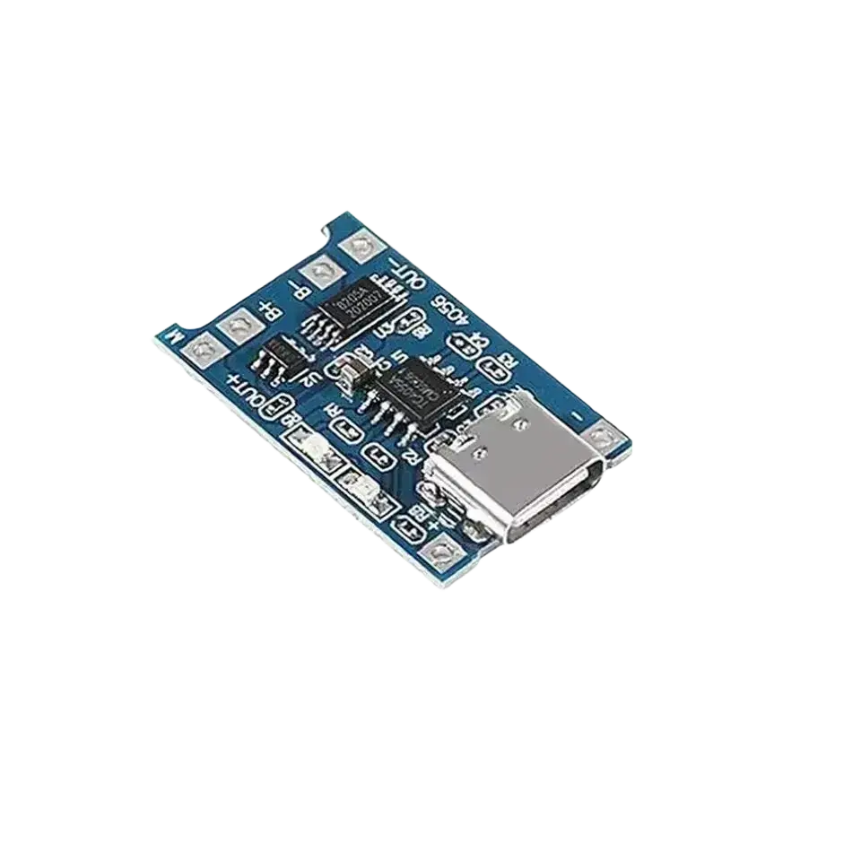 Blue lithium battery charger board with micro usb type c port and black electronic components on circuit board