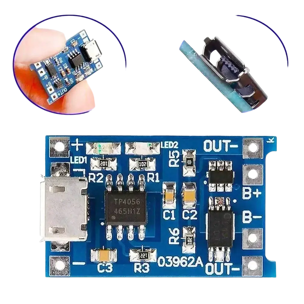 Blue lithium battery charger board with micro usb and type c ports featuring electronic components