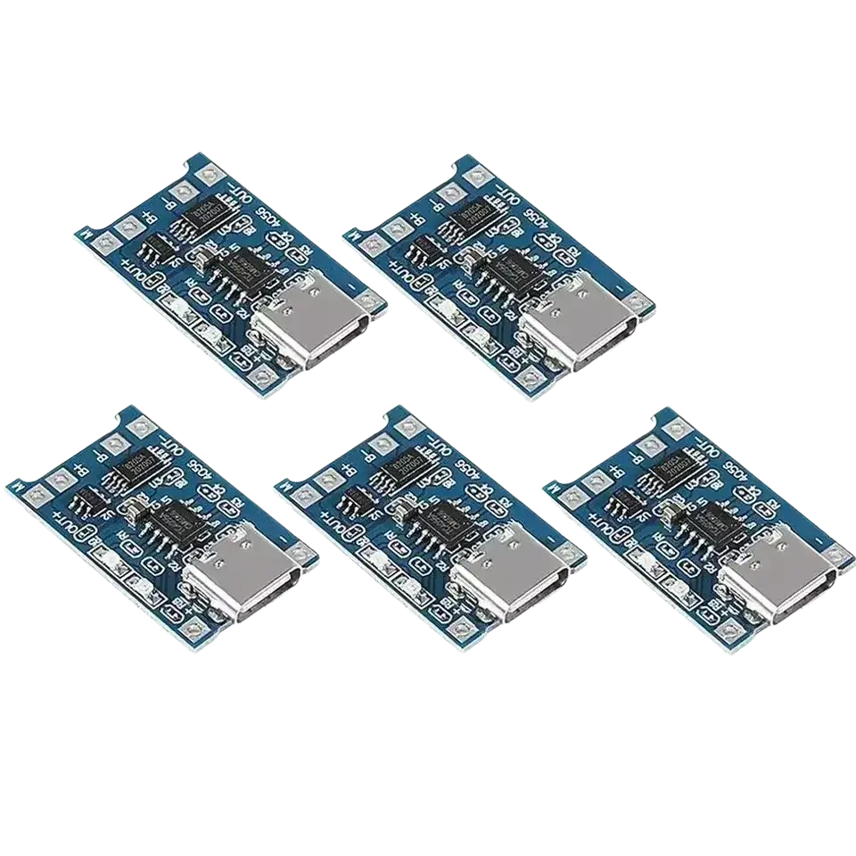 Blue lithium battery charger board with micro usb type c ports and black integrated circuits on circuit board