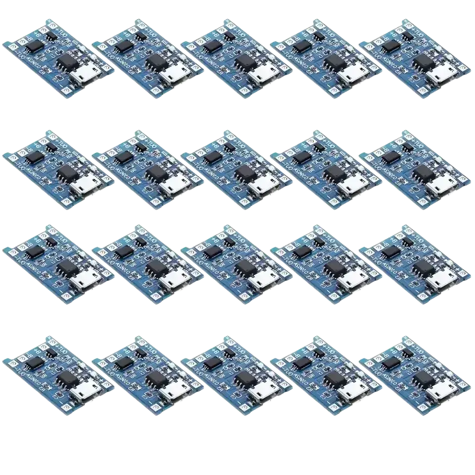 Blue lithium battery charger board with black integrated circuits and white micro usb type c ports for charging use