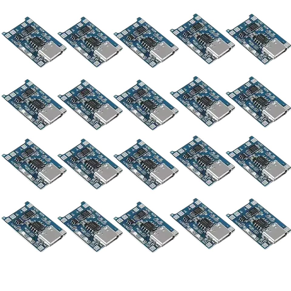 Blue lithium battery charger board with micro usb and type c ports featuring silver connectors and black circuits