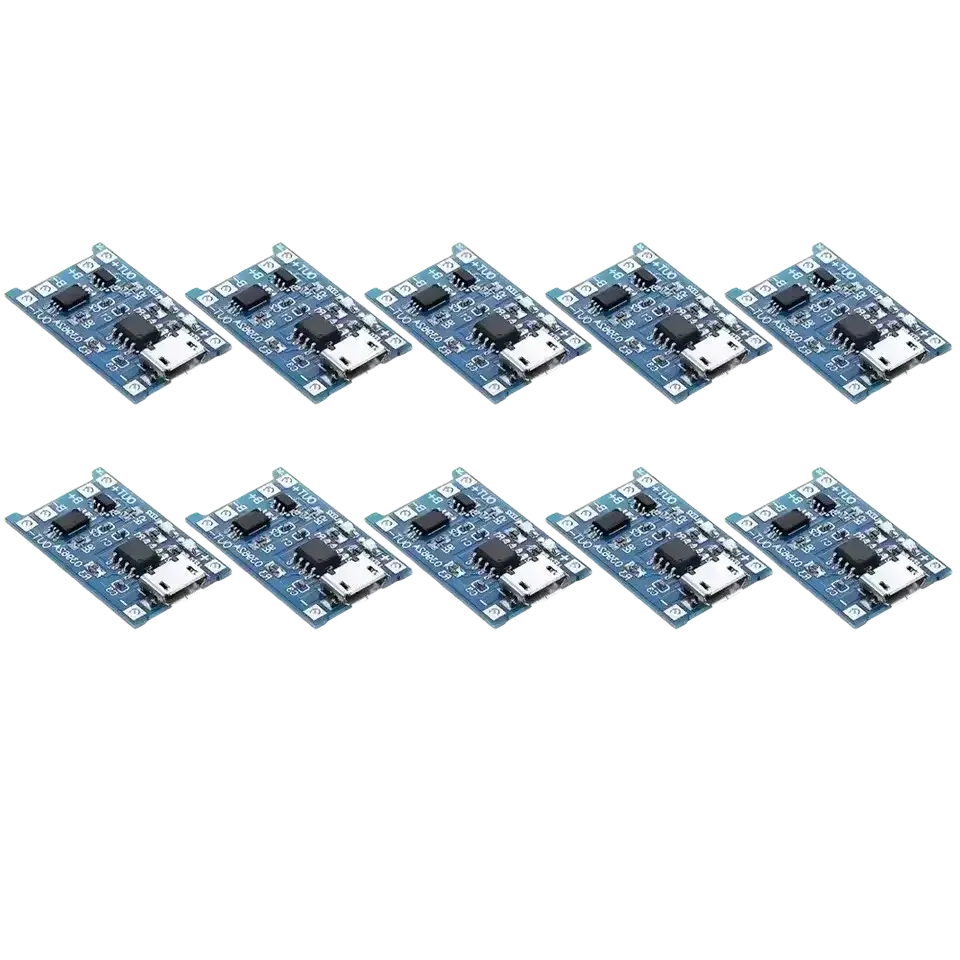 Ten blue lithium battery charger boards with micro usb and type c ports featuring various electronic components