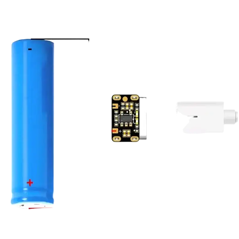 Blue cylindrical lithium battery connected to constant current constant voltage type c charger board with labeled terminals