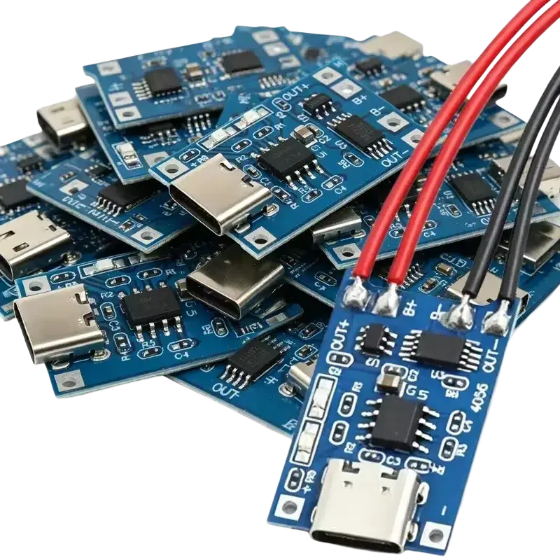 Blue lithium battery charging board with silver usb-c connectors and black surface components for micro usb charging