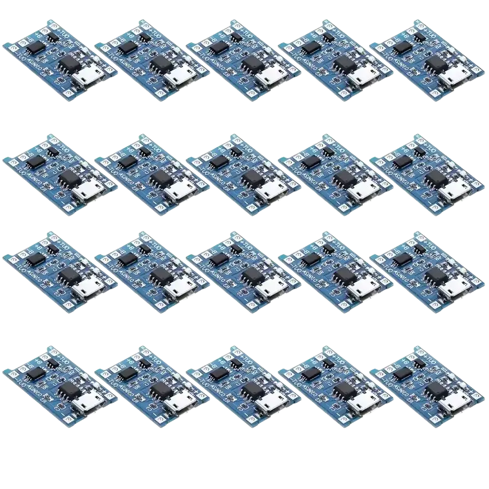 Blue lithium battery charging boards with black components and white micro usb ports arranged in four rows of five