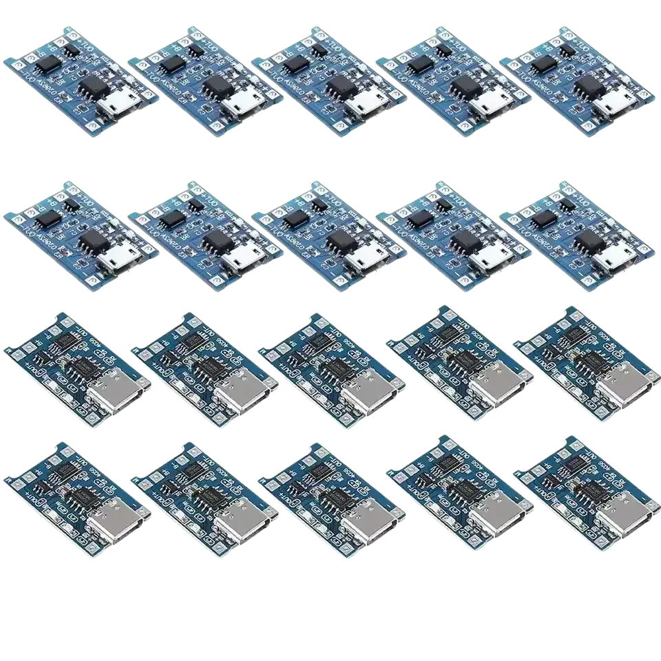 Blue lithium battery charging board with micro usb type c 1a ports and black components arranged in a grid