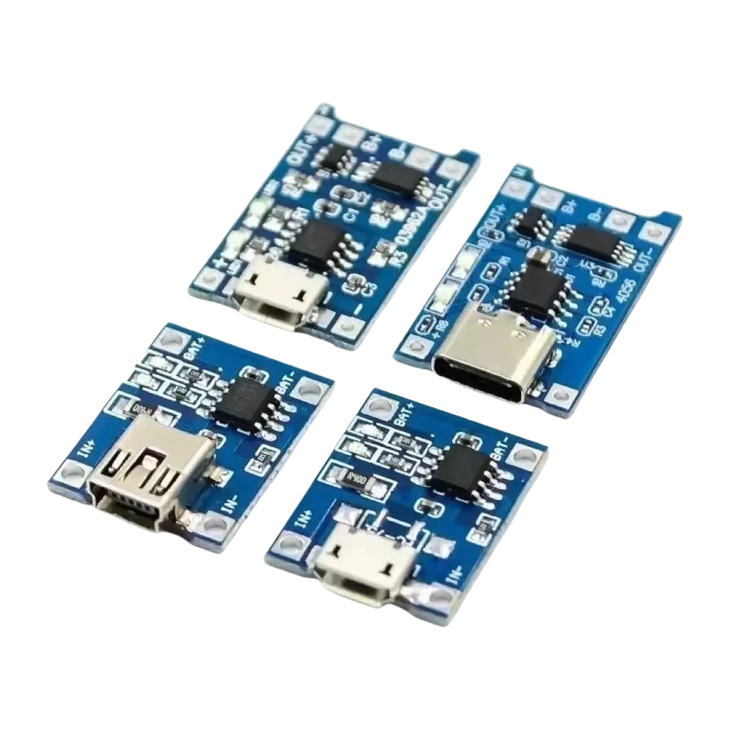 Four blue lithium battery charging boards with micro usb and type c ports for 1a current charging use