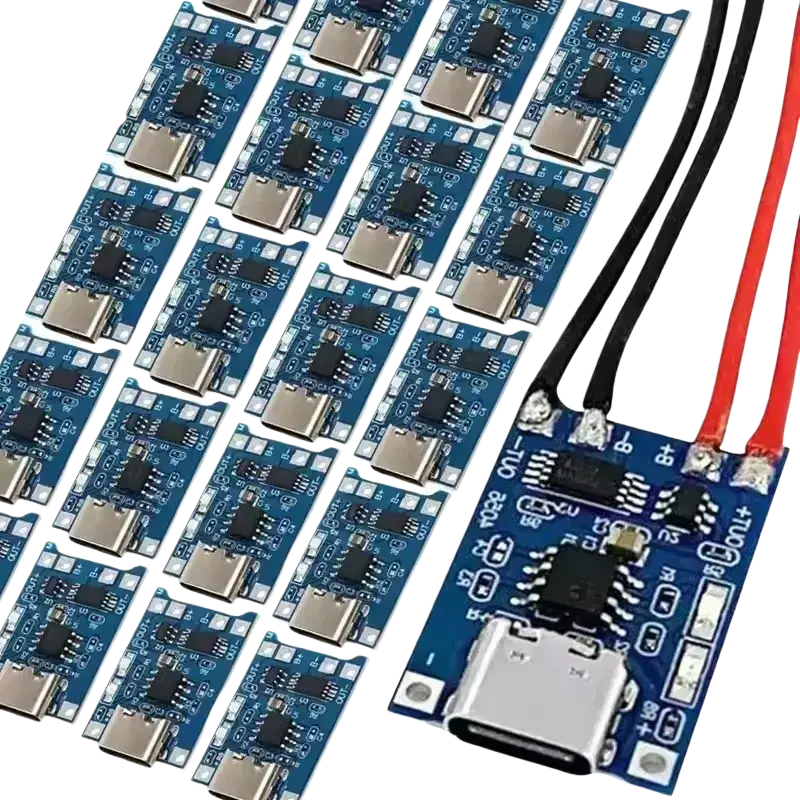 Blue lithium battery charging board with usb-c port, silver connectors, and black red wires for efficient battery charging