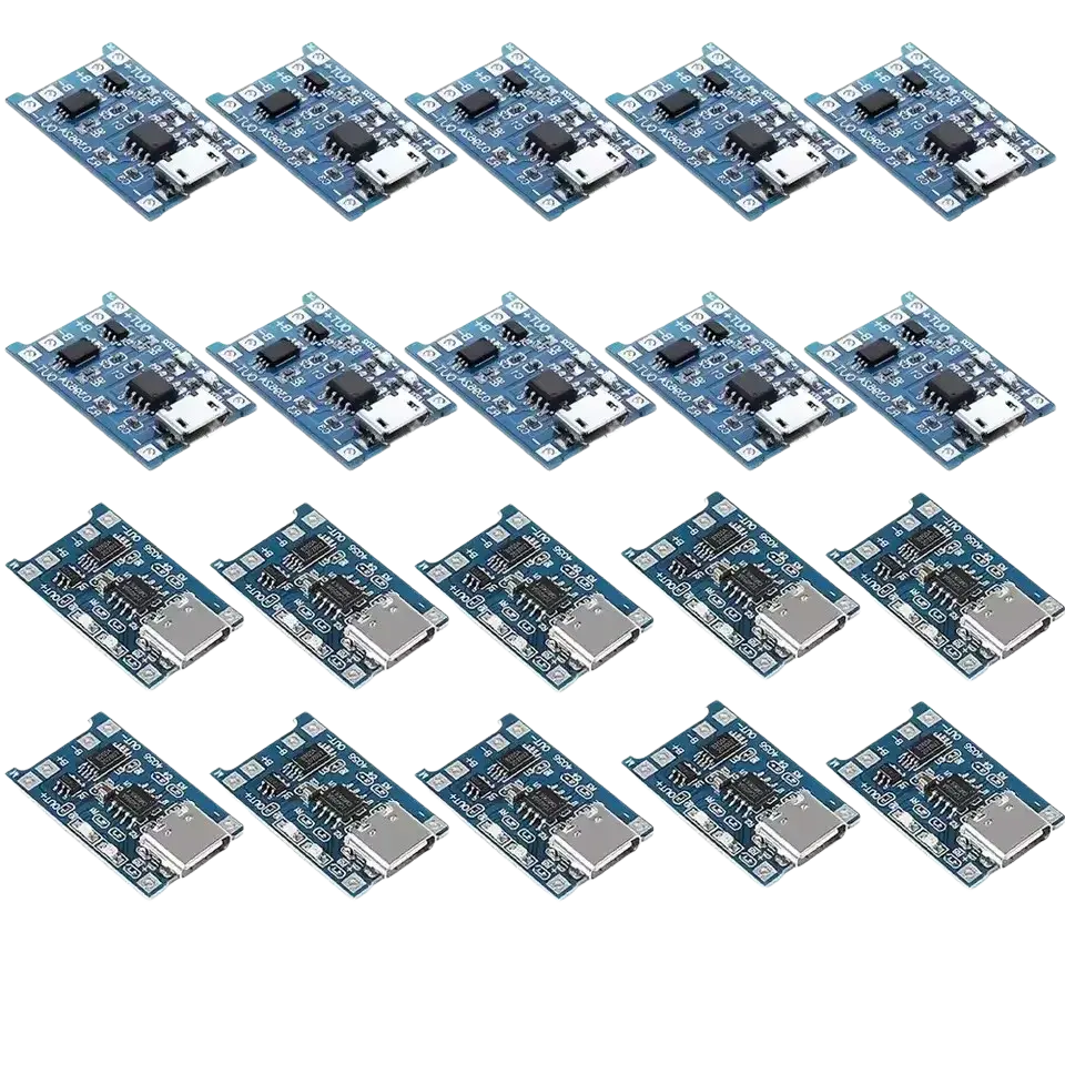 Blue lithium battery charging board with mini usb and type c ports featuring electronic components